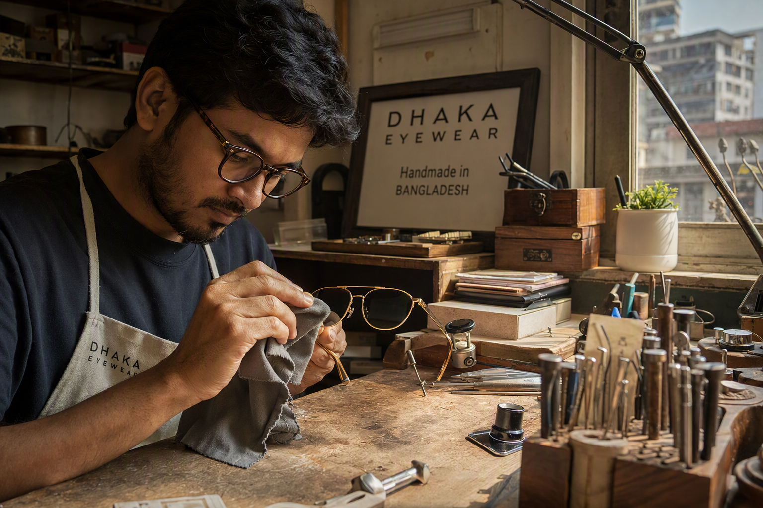 Artisan polishing a Dipspriha frame in the Dhaka studio