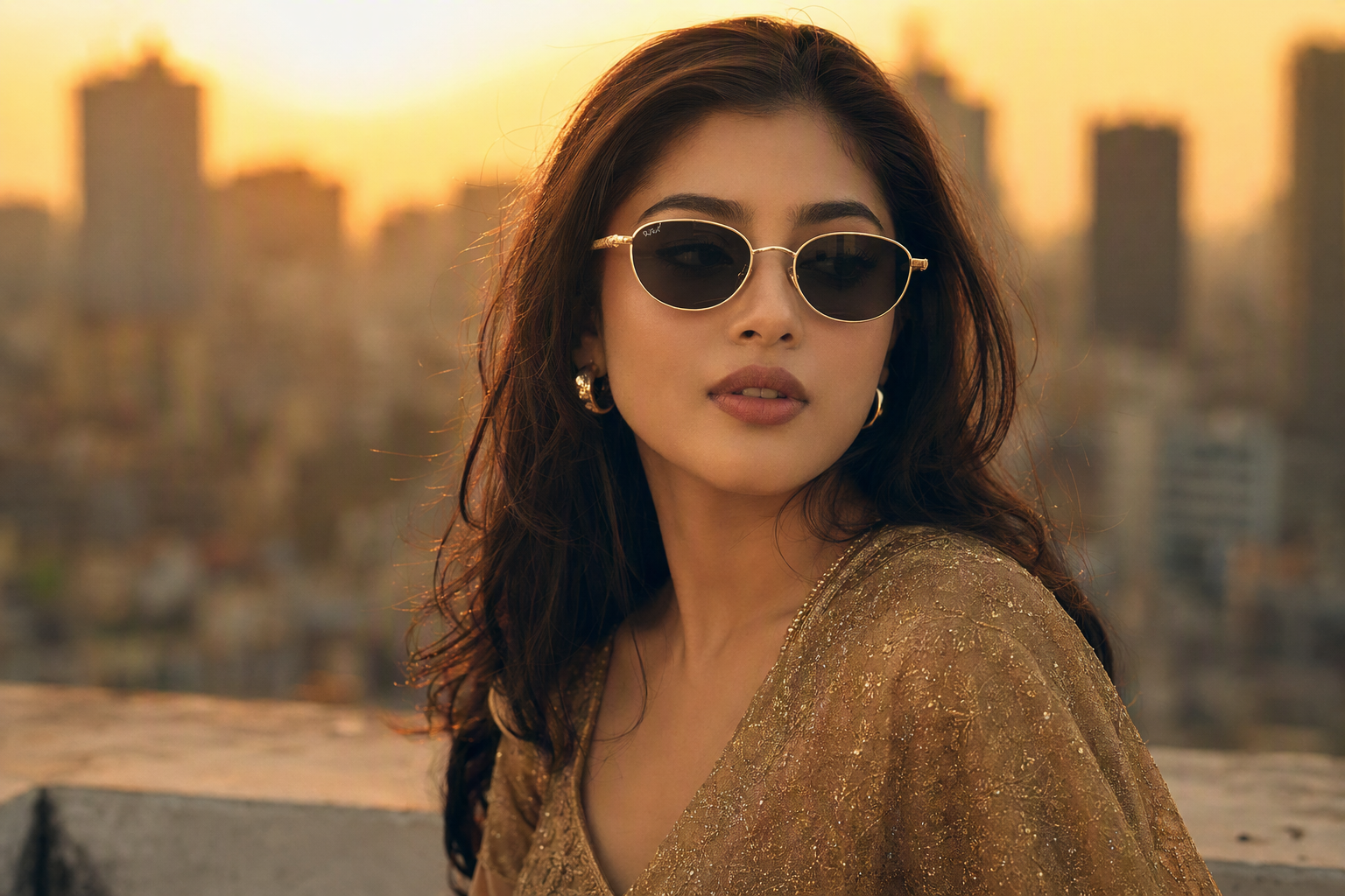 Woman wearing Dipspriha gold sunglasses in golden Dhaka light